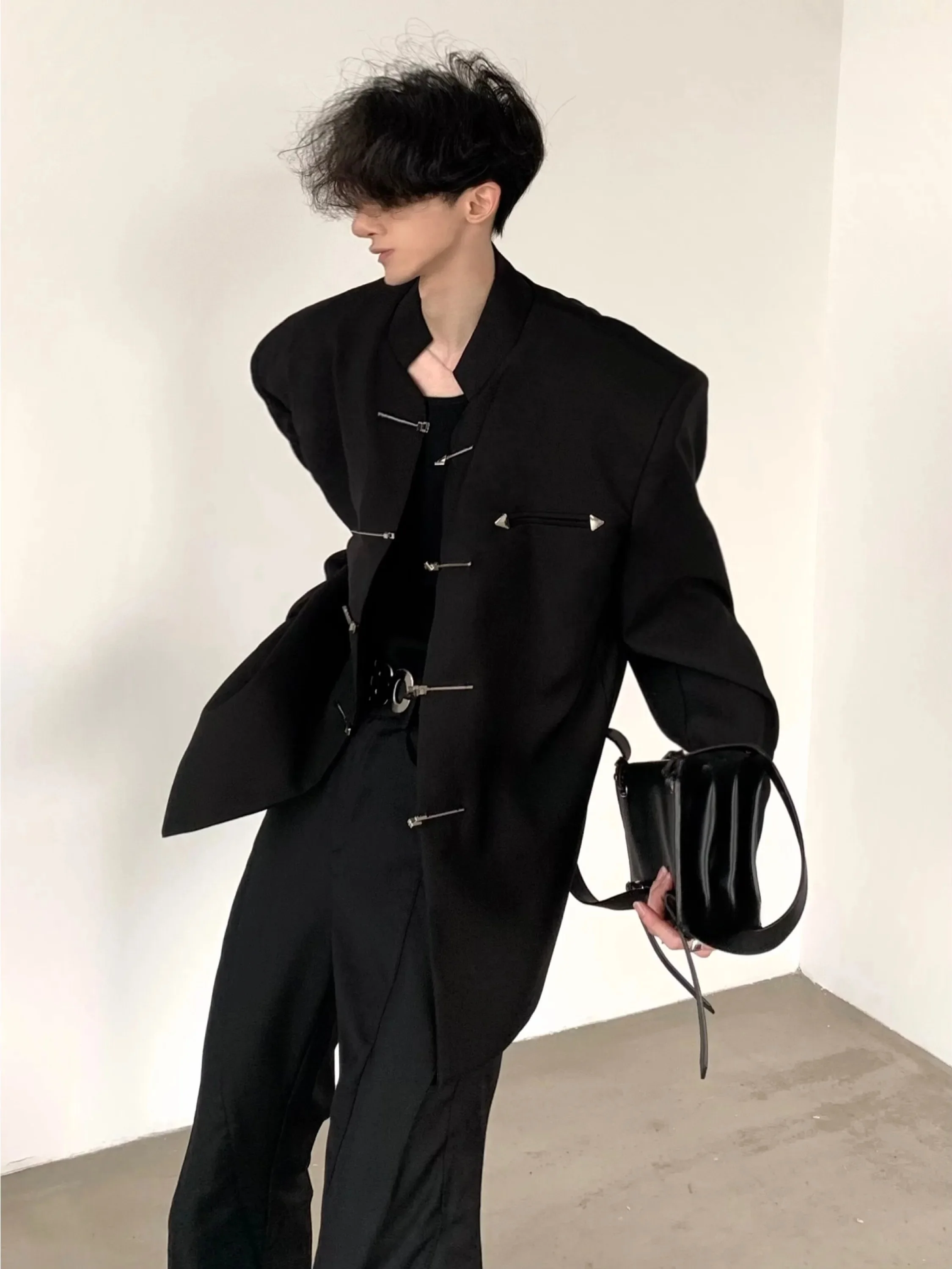 New Chinese Style Men's Suit Black Stand Collar Pad Shoulder Western Coat Autumn Mountain Wind Small Audience Zhongshan Desig...
