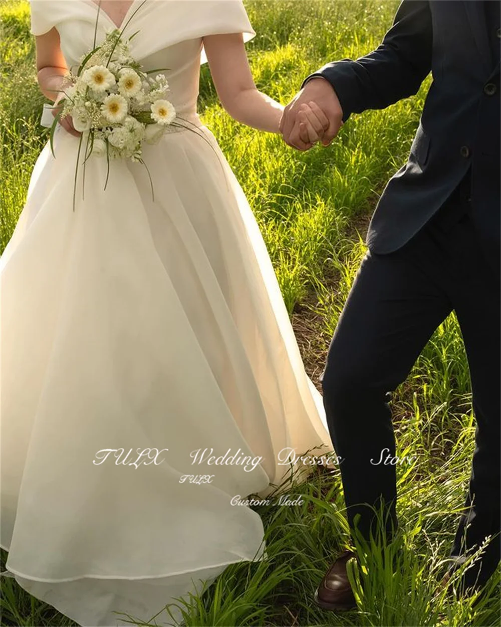 TULX ง่ายปิดไหล่ชุดแต่งงานเกาหลีถ่ายภาพ A-Line ยาวซาติน Tulle Elegant ชุดเจ้าสาว Custom Made