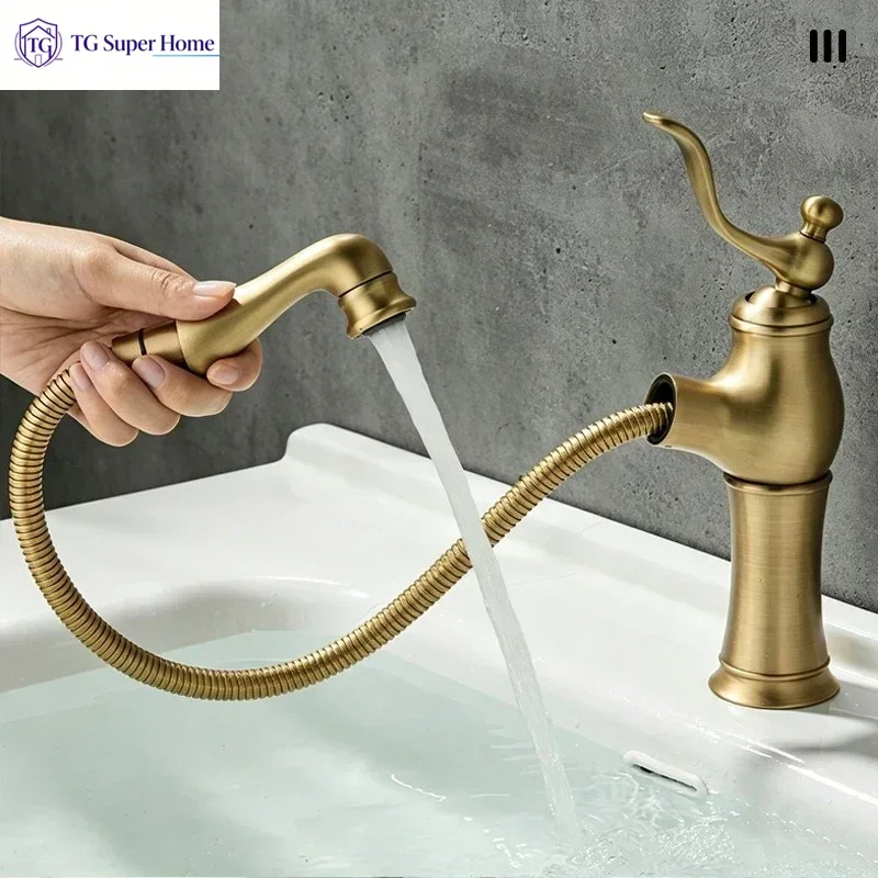 Vintage Brass Pull-Out Faucet for Home Bathrooms Under Counter Sink Hot and Cold Water Faucet with Splash Guard