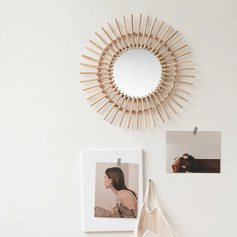 Rattan hanging wall Nordic homestay makeup mirror, hand-woven wall decoration wall hanging round mirror