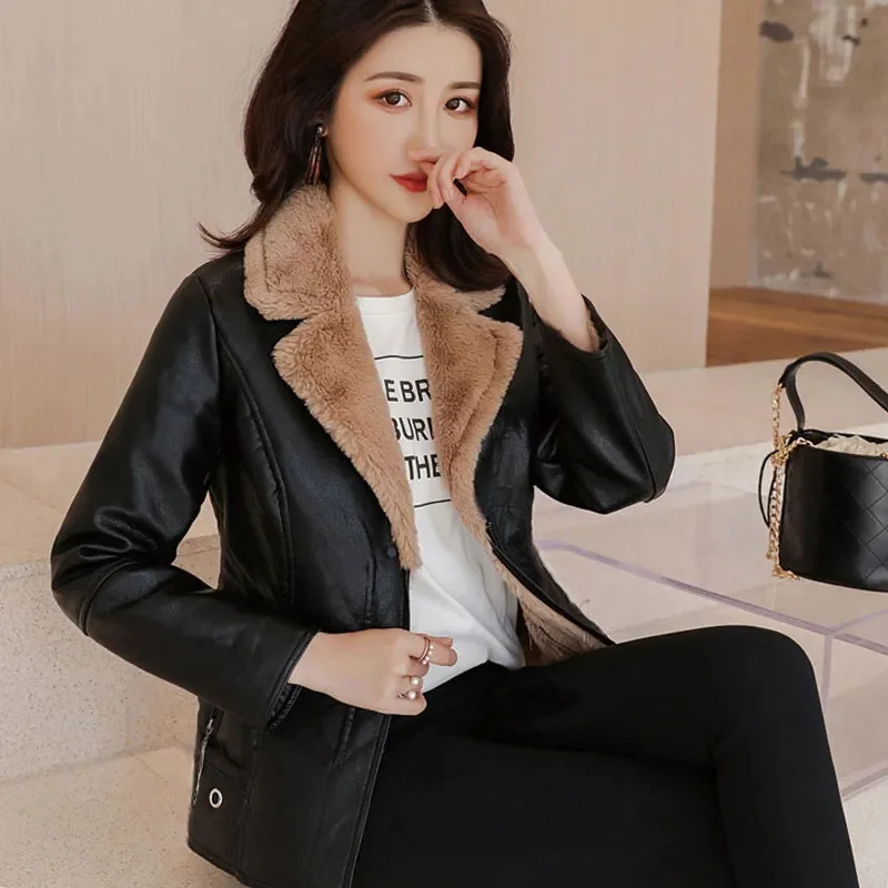 

Women PU Leather Jacket 2023 Autumn Winter New Add Velvet Thickening Warm Lambhair Lining Leather Coat Female Leather Overcoat