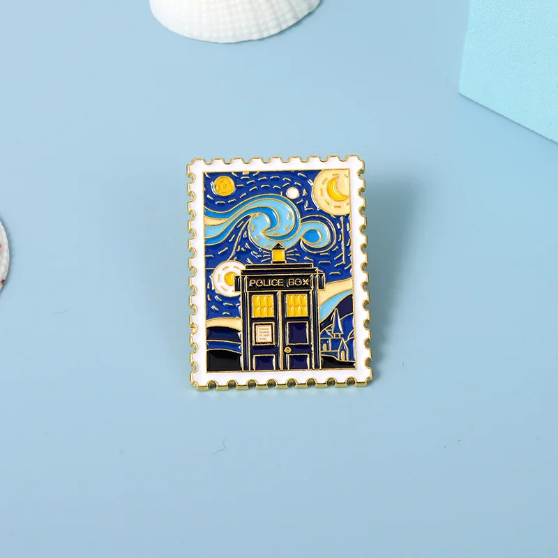 Van Gogh Starry Night Enamel Pin Police Box Alloy Brooch Fashion Famous Painting Style Denim Jacket Badge Jewelry Gift for Frien