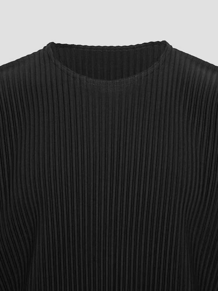 Miyake Pleated Men Long Sleeve Plain Slit Hem T-shirt Full Sleeve Round Collar T Shirt Korean Streetwear Casual Top