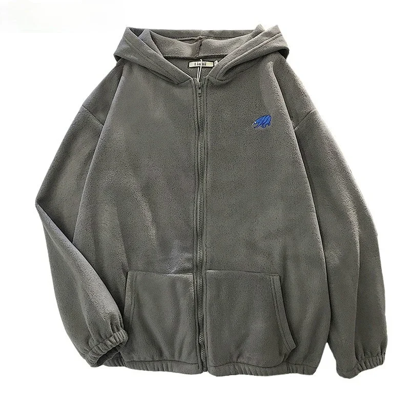 Women's Polar Fleece Hoodie Tops Autumn Korean Winter Fashion Animal Embroidery Printing Loose Plush Zipper Sweatshirt 2021 New