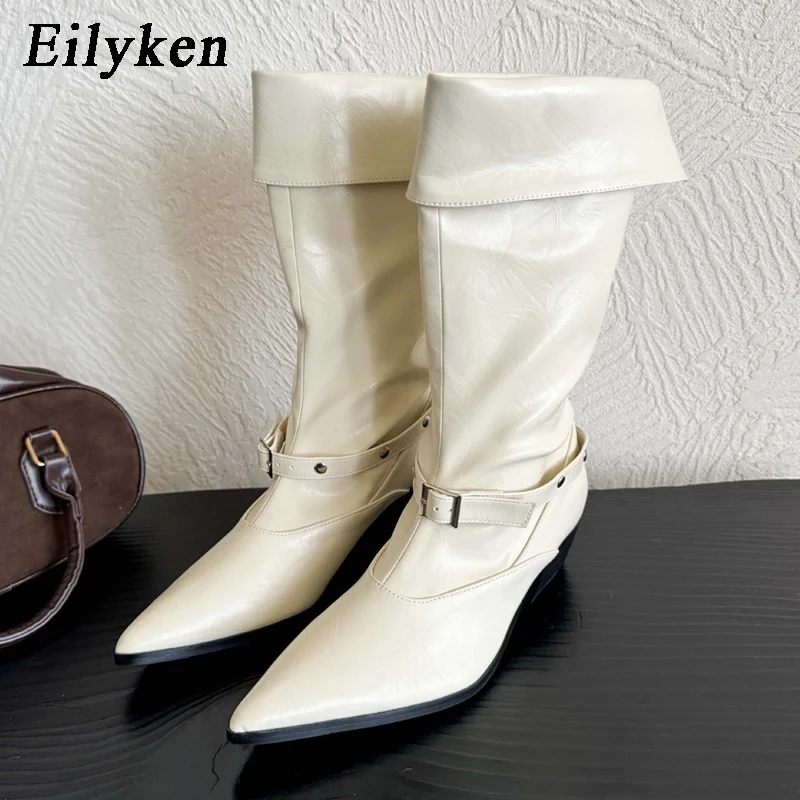 Eilyken Spring Autumn Woman Ankle Boots Designer Turned-over Edge Belt Buckle Shoes Fashion Square Low Heels Modern Booties