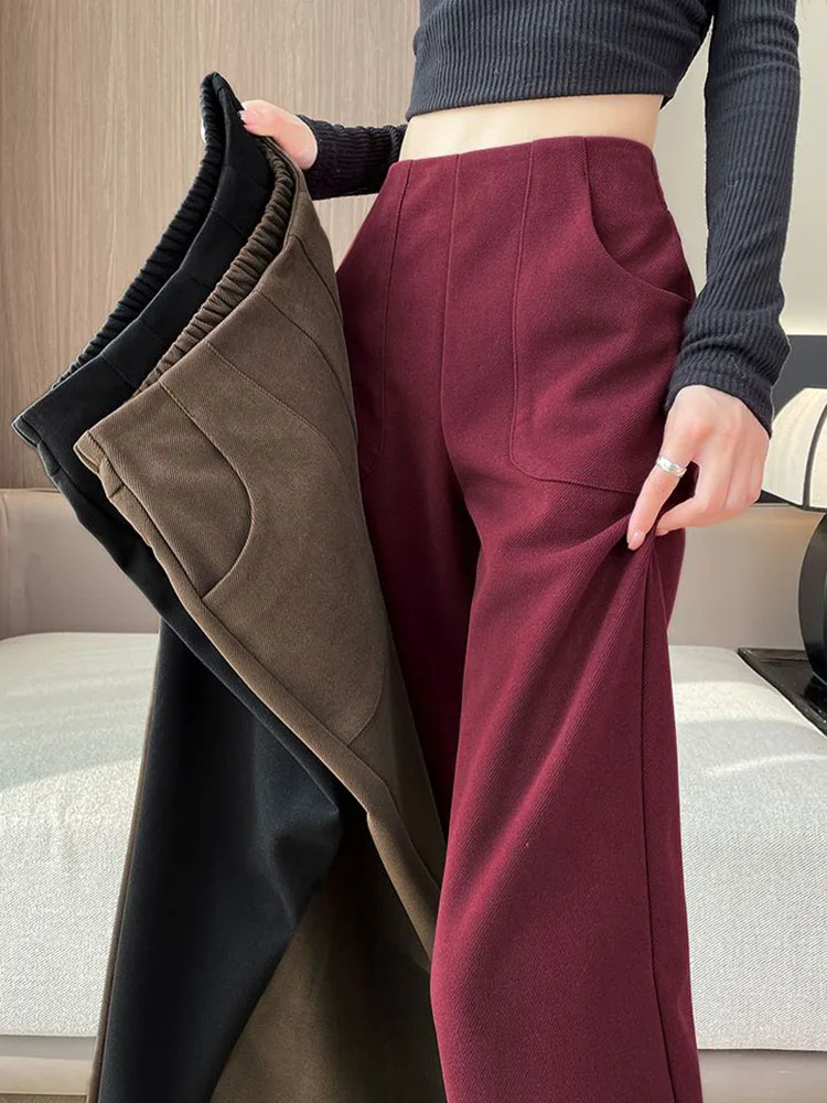 Korean Design Thicken Loose Straight Pants Winter Warm High Waist Velvet Lined Wide Leg Pantalones Casual Snow Wear Sweatpants