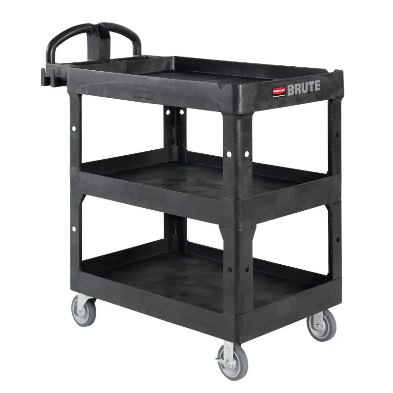 Commercial Heavy Duty 3-Shelf Utility/Service Cart, High Storage, Medium, Lipped Shelves, Ergonomic Handle, 600 lbs. Capacity