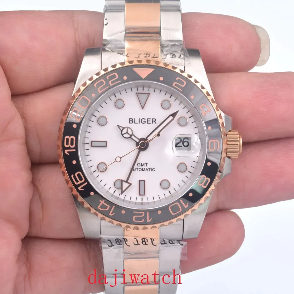 

40MM Bliger Luxury brand Automatic mens watch sapphire ceramic bezel GMT white Dial manual steel strap Rose gold Luminous watch