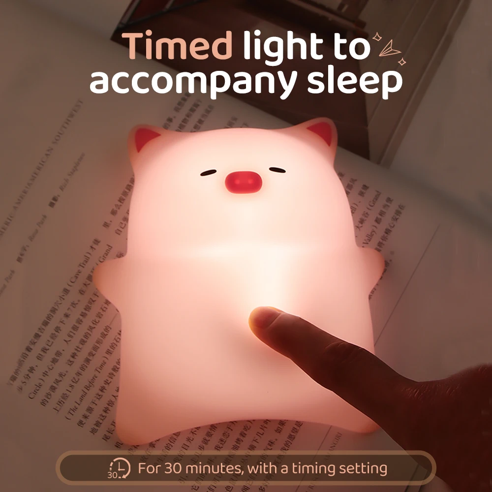 Lovely Kids Night Lights Silicone Pig LED Sleep Lamp Timing Dimmable USB Bedside Decor Light Kids Halloween Christmas Gift