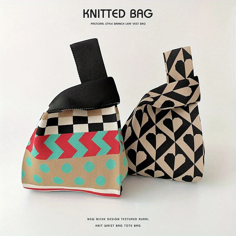 Bolso de mano práctico, tejido de lunares bloqueados en color, Asa de un solo hombro, versátil y de gran capacidad