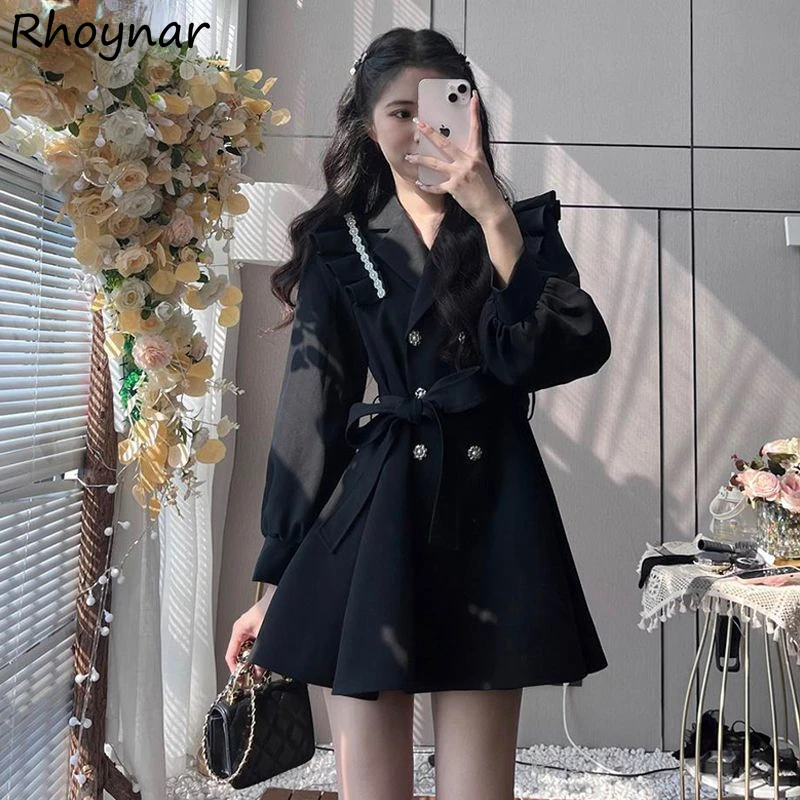 

Black Trenches Women Sweet Ruffles Princess Bandage Elegant French Style Autumn Temperament College Outerwear All-match Fashion