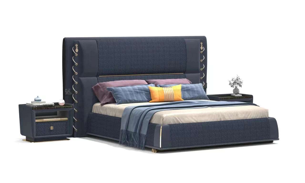 #w Luxury Modern Double Bed Frame Wooden Design Velvet Leather Upholstery Available King Size Bed
