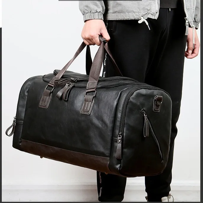 men's-large-capacity-travel-bag-handheld-crossbody-business-short-trip-gym-bag-differential-checkered-pu-leather-shoulder-bag