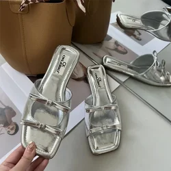 2024 estate nuove scarpe da spiaggia Open Toe moda doppio fiocco pantofole donna suola piatta pantofole donna sandali Plus Size 43 Zapatos