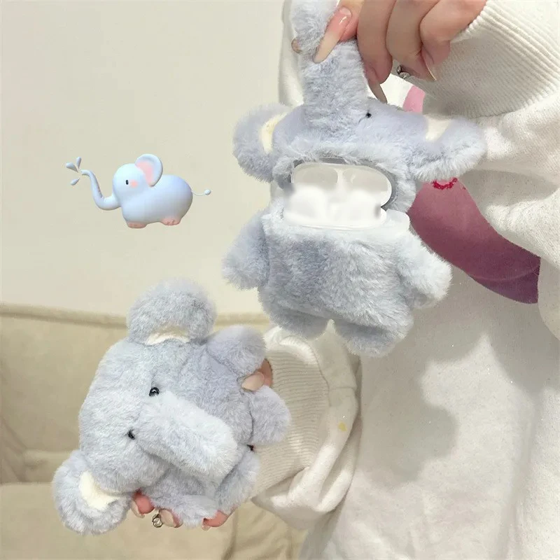 Cute Plush Blue Elephant Headphone Cover Wireless Earphones Protective Case For AirPods/Pro 1/2/3/4 Generation Accessories