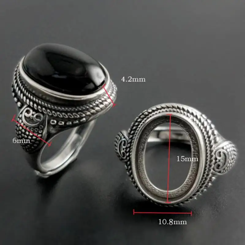 Real Pure 925 Sterling Silver Natural Black Onyx Stone Rings For Women Vintage Style Thai Silver Resizable Open Type