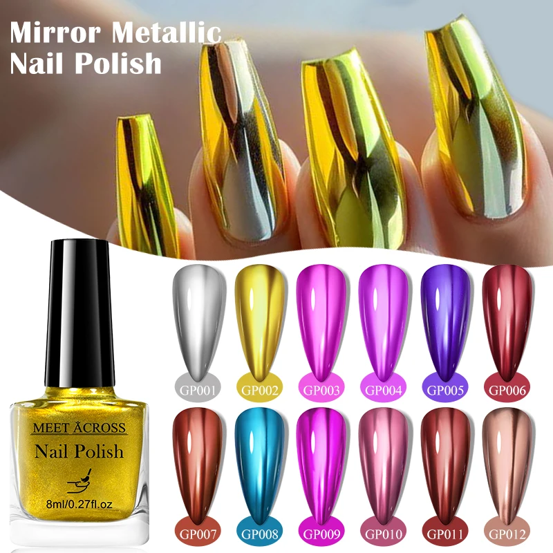 12 Colors 8ml Mirror Metallic Nail Polish Quick-dry No Need Lamp Drying Gold Silver Red Color Nail Polish For Beginner Manicure