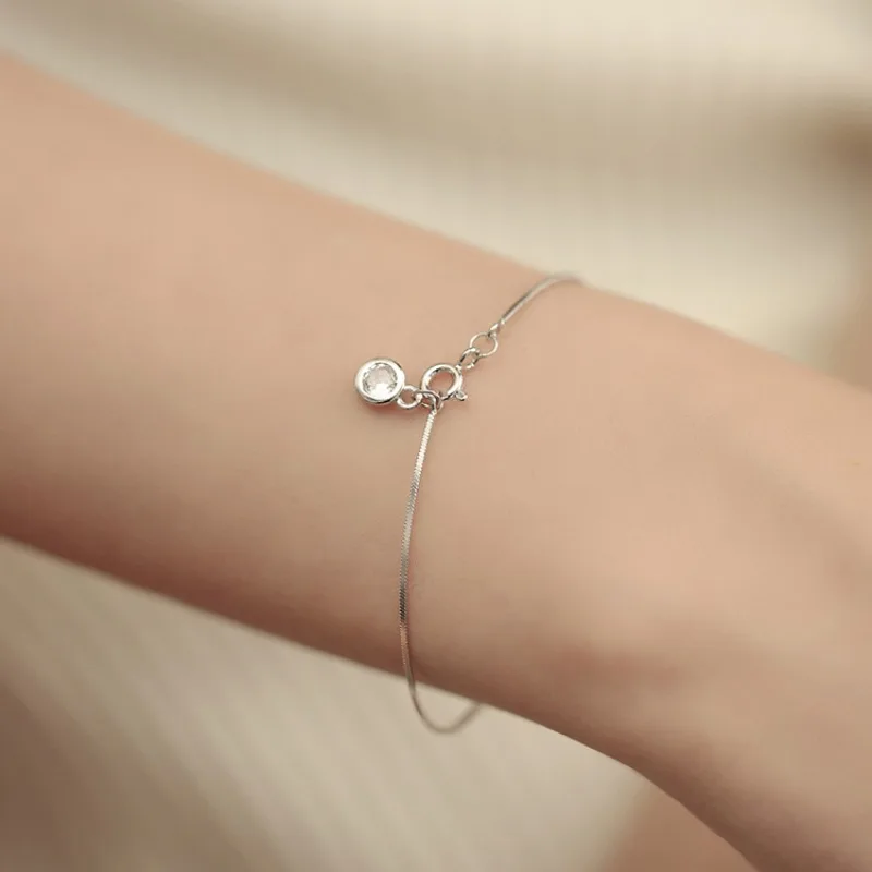 Slender Charm 925 Sterling Silver Single Zircon Snake Chain Bracelet for Woman Girls Designer Jewelry Accessories Colorfast Gift