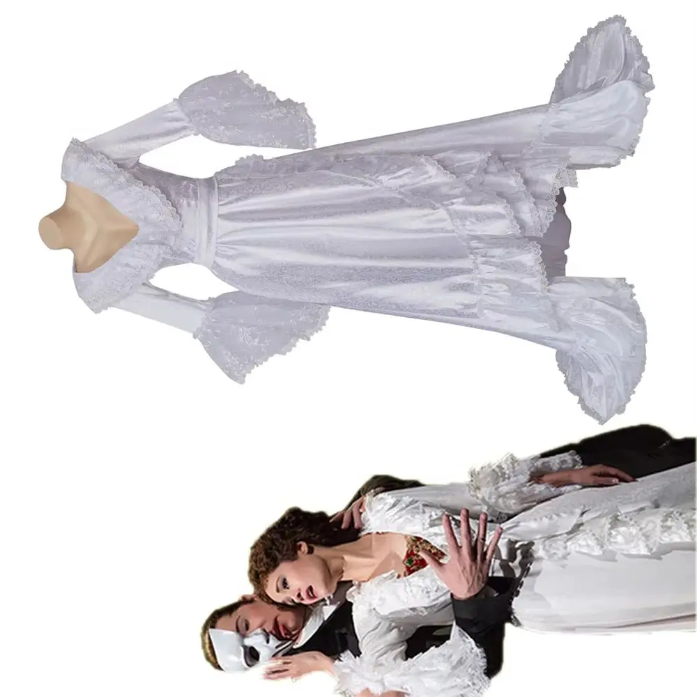 Musical-Kostüm „Das Phantom der Oper“ für Damen, viktorianisches weißes Maxikleid, Halloween-Kostüm mit Spitzenrüschen, Ballkleid