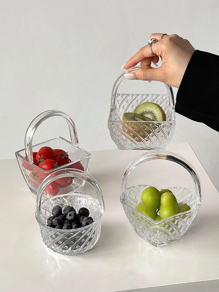 High Beauty Handheld Vine Weaving Glass Fruit Basket Living Room Home European Candy Box Snack Plate Small Fruit Plate