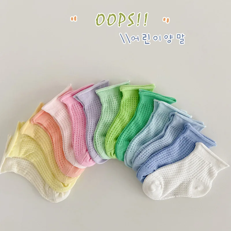 

4 Pairs Baby Toddlers Summer Socks Little Girls Holes Cotton Socks Infant Solid Crew Socks Candy Color