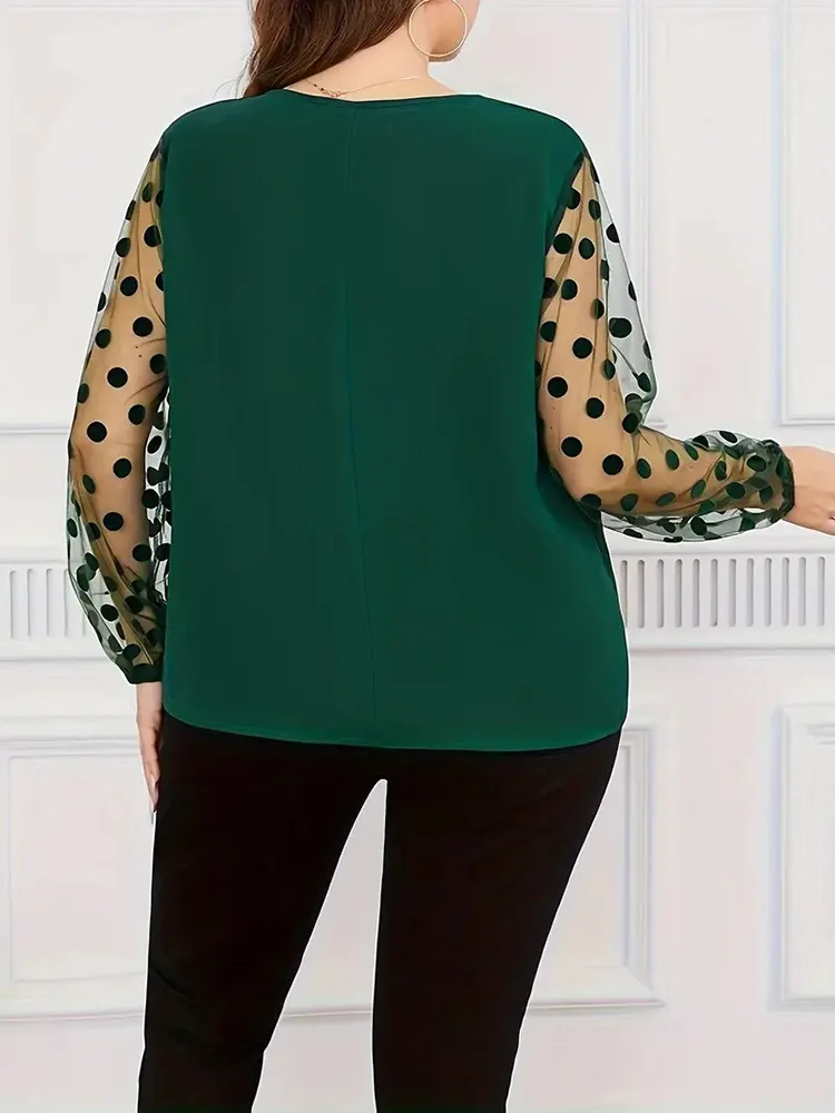 GIBSIE Plus Größe Kerbe Neck Dot Mesh Langarm Bluse Frauen Frühling Sommer Schwarz Elegante Büro Damen Casual Tops Blusen