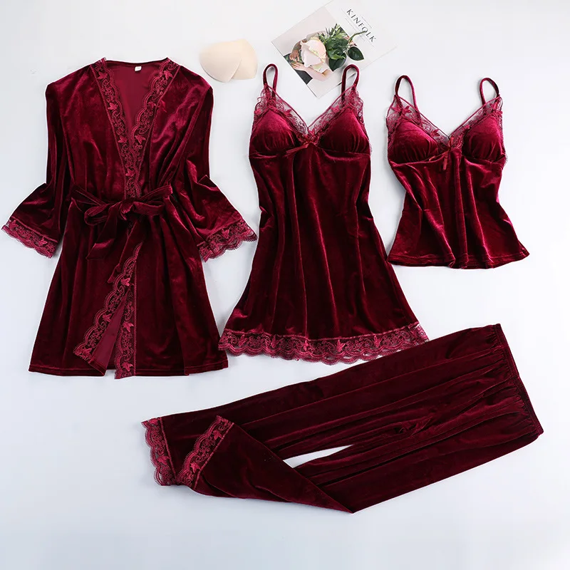 

Black Lace Gold Velvet 4 Pieces Women Warm Winter Pajamas Sets With Pants Sexy Robe Pajamas Sleepwear Sleeveless Nightwear