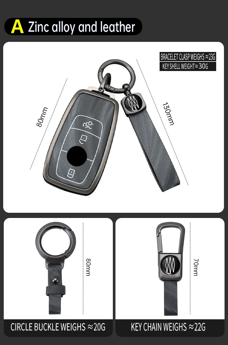 Zinc Alloy + Leather Car Key Cover Case Shell Fob for For Mercedes Benz A C E S G Class GLC CLE CLA W177 W205 W213 W222 X167 AMG