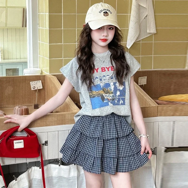 

Girls' Printed T-shirt and Plaid Skirt Two-piece Set 2025 Summer New Style