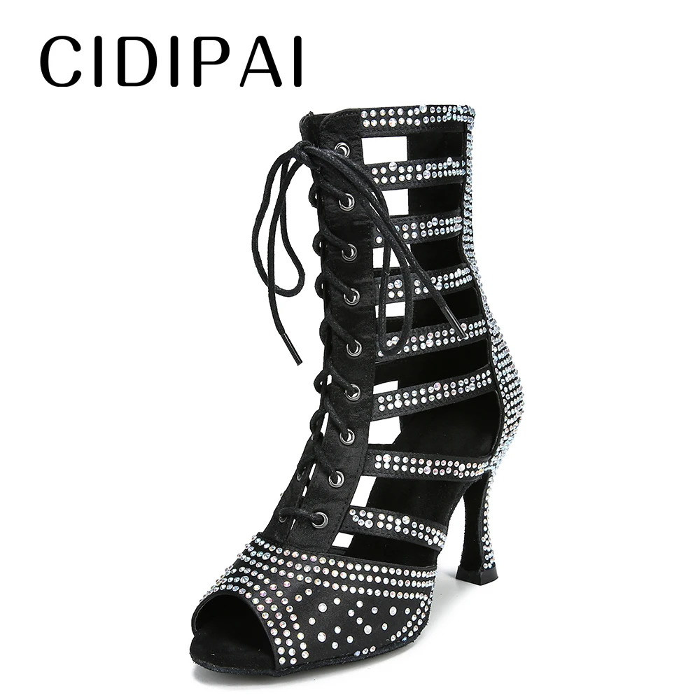 CIDIPAI New Female High Top Dance Boots Ballroom Dancing Shoes Satin Latin Dance Shoes Soft-soled Party Dance Boots Cuban Heel