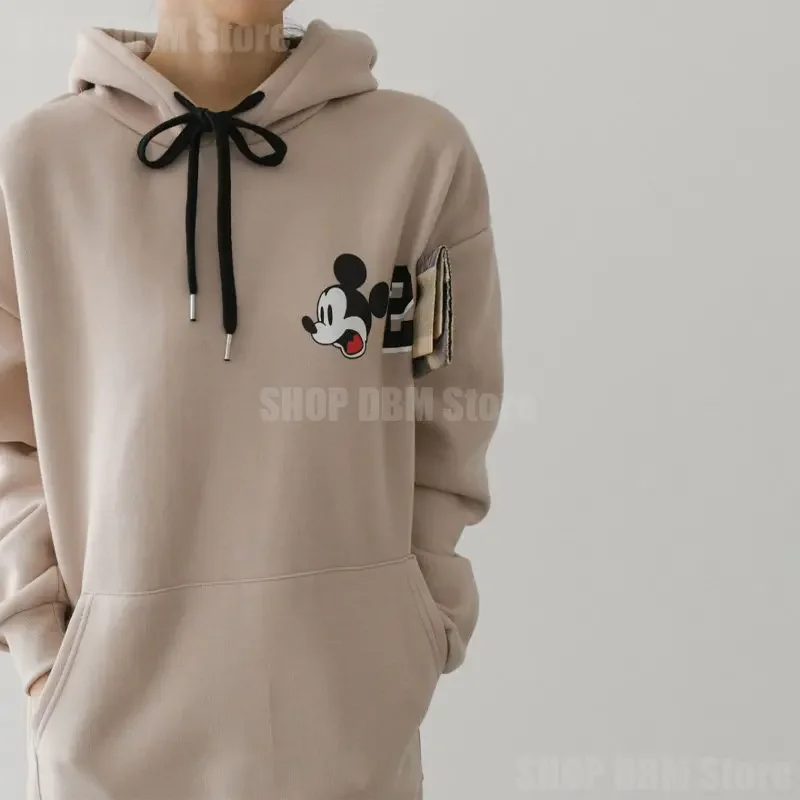 Disney Mickey Mouse Spring Autumn Sweatshirt Long-Sleeved Dress Woman Clothing Hooded Collar Pocket Simple Lady Dress Sweatshirt