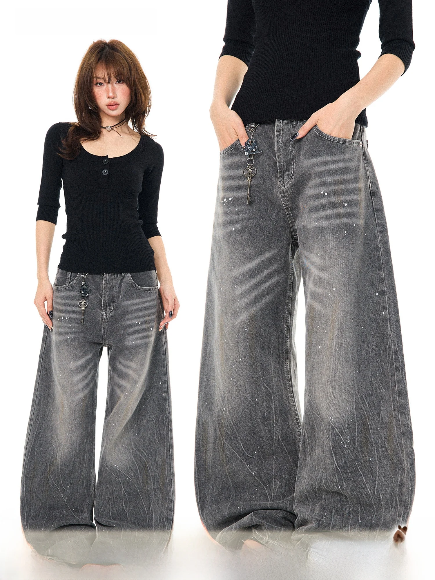 

Retro Waed Distred Knife Wide Leg Jeans Women Loose Slimming Jeans Casual Comfortable Cotton Polyester Blend