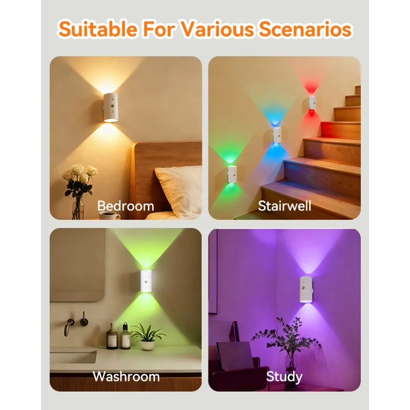 Lampka nocna LED z czujnikiem ruchu, zmieniająca kolory RGB, bezprzewodowa lampa ścienna, ładowalna, magnetyczna lampka zachód słońca do sypialni, salonu.