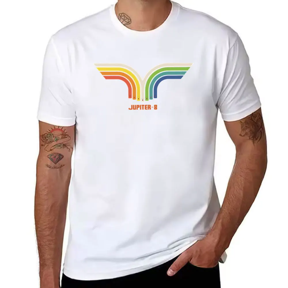 Men's Cotton Short Sleeve T-Shirt with Retro Jupiter-8 Rainbow Graphic Print, Casual Summer Tee