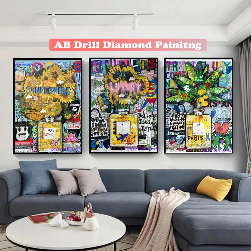 

Modern Luxury Perfume Bottle 5d Diy Diamond Art Painting Sunflowers Graffiti Banksy Pop Keith Cross Stitch Kit AB Drill Decor