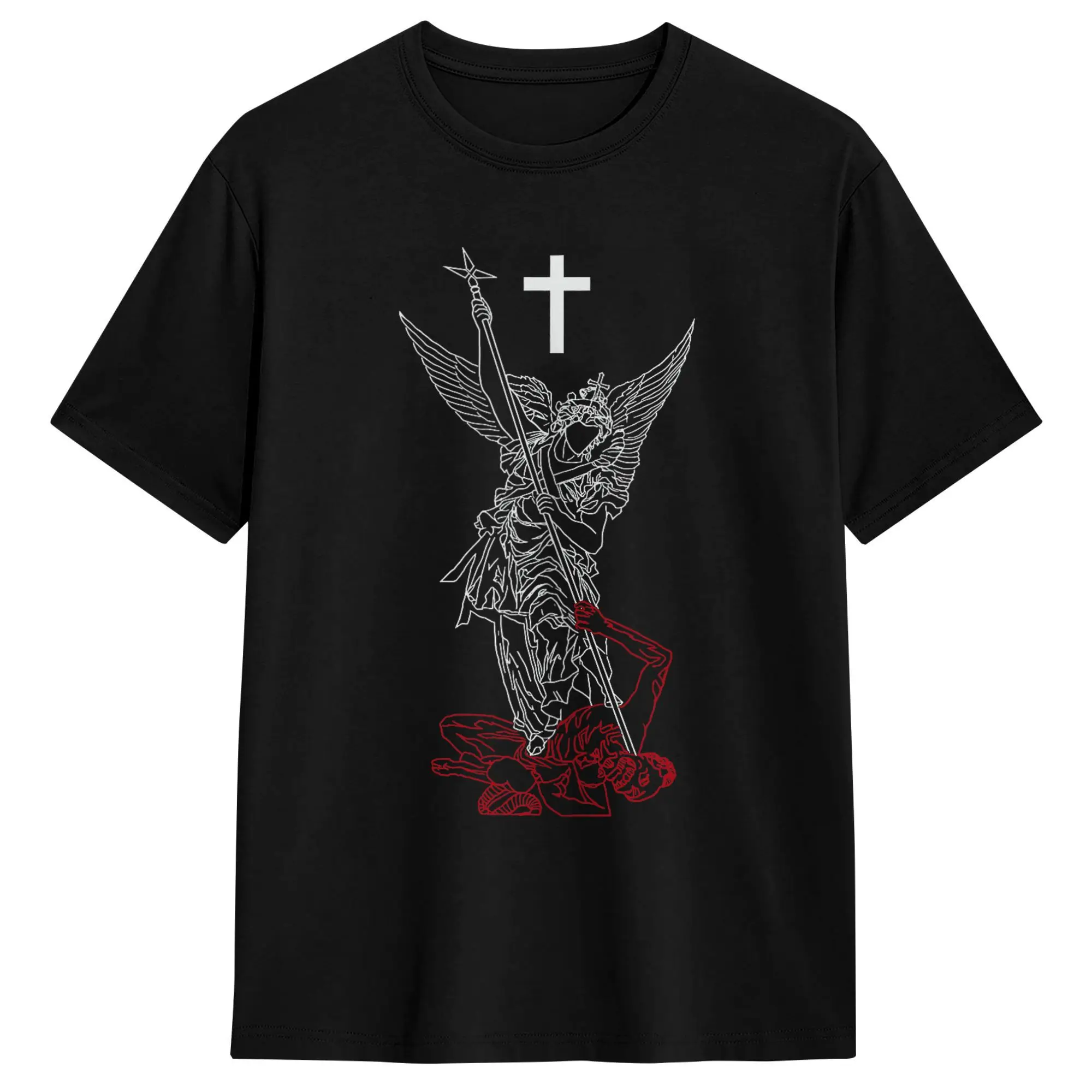 Camiseta de algodón para hombre con diseño de San Miguel Arcángel que derrota a Satán, camisetas divertidas con cuello redondo, ropa de manga corta