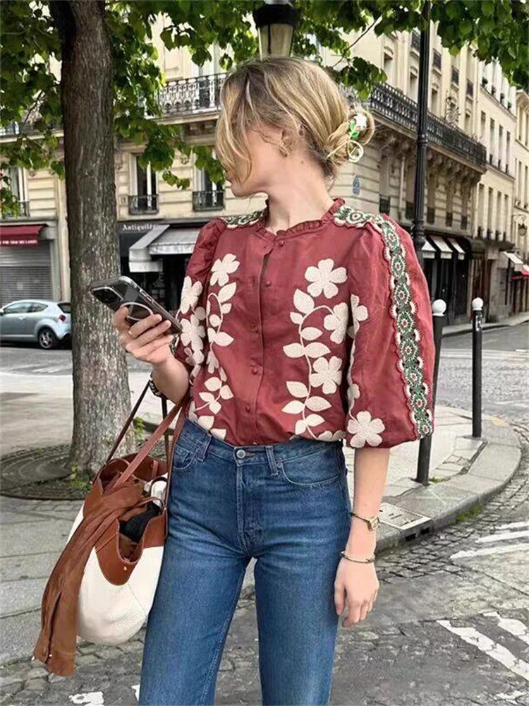 

Cotton Linen Blend Women's O-Neck Shirt Vine Embroidery Vintage Puff Sleeve Ladies French Blouse Early Autumn 2024