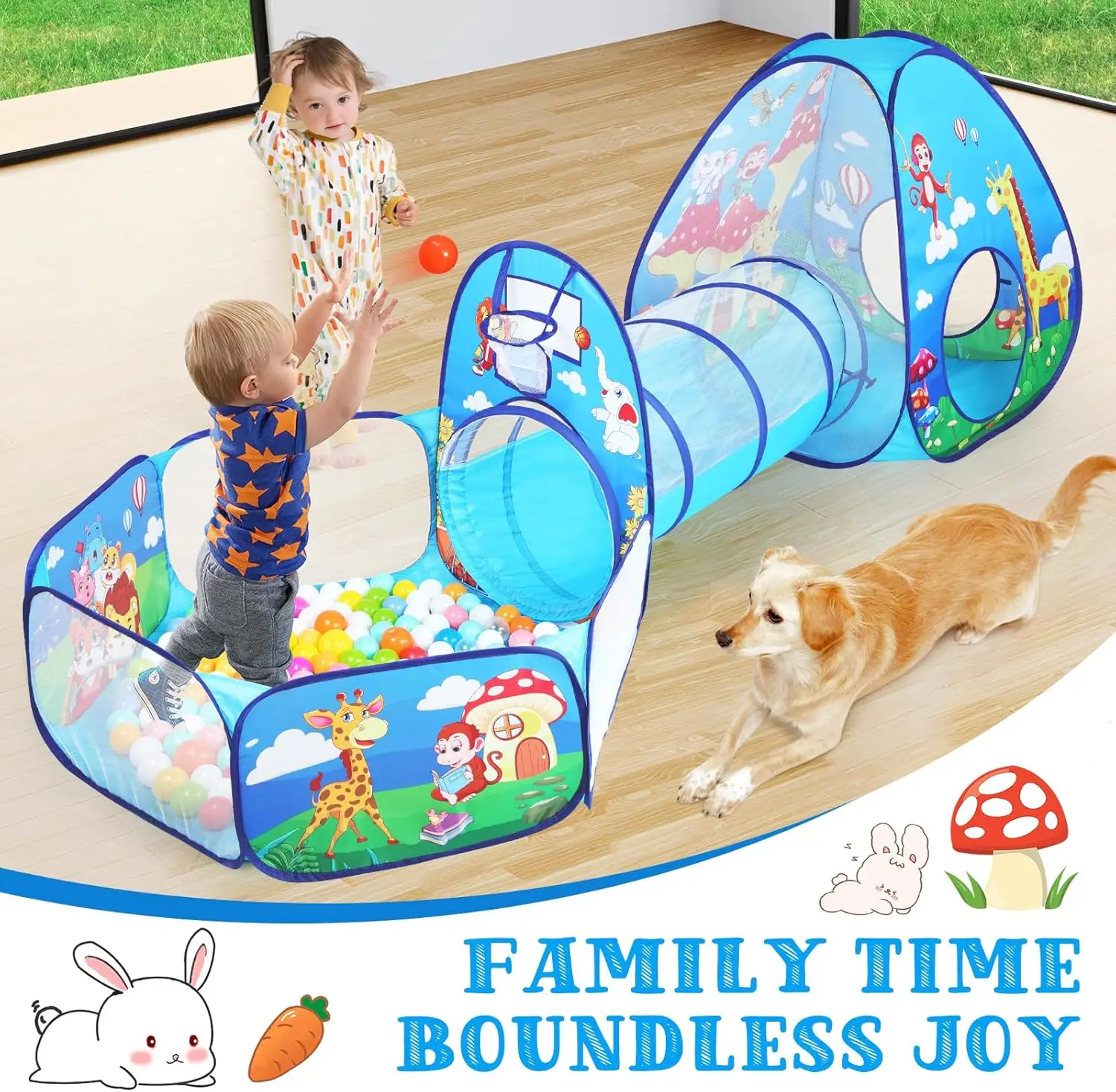 Tente de jeu 3 en 1 pour enfants, avec Tunnel et fosse à balles, pour garçons et filles, jouet de maison de jeu Pop-Up pour intérieur et extérieur (Jungle 3 pièces