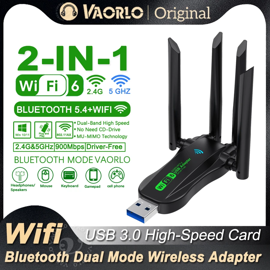 

2in1 USB Bluetooth 5.4 WiFi 6 Wireless Network Card Adapter(2.4G&5GHz)Dual Band Wi-Fi Receiver for PC/Laptop Win10/11 Driver Fre