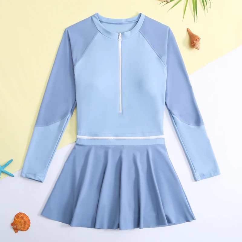 Children's swimsuit girls princess skirt big child teenager split girls long sleeves sunscreen student swimsuit