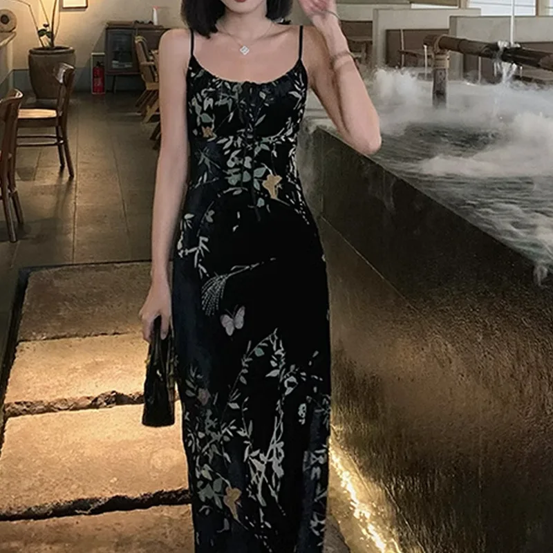 

High Quality Velvet Backless Strap Dresses Spring Women Sleeveless Slash Neck Long Dress Summer High Waist Slim Camisole Dress