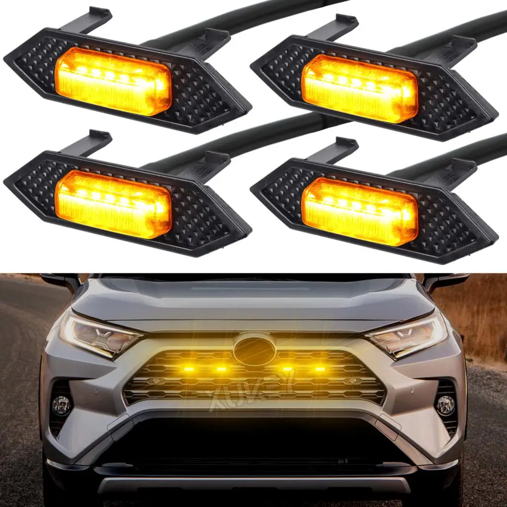 4pcs Amber LED Raptor Grille Front Lights Wiring Harness Kit Warning Signal Compatible For Toyota RAV4 2019 2020 2021 2022 2023