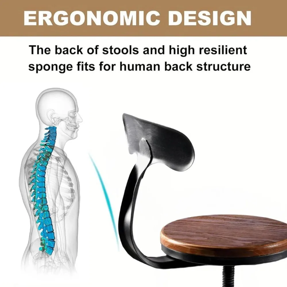 Taburete de bar ajustable vintage industrial con base de hierro fundido, altura de mostrador de cocina, silla giratoria con respaldo