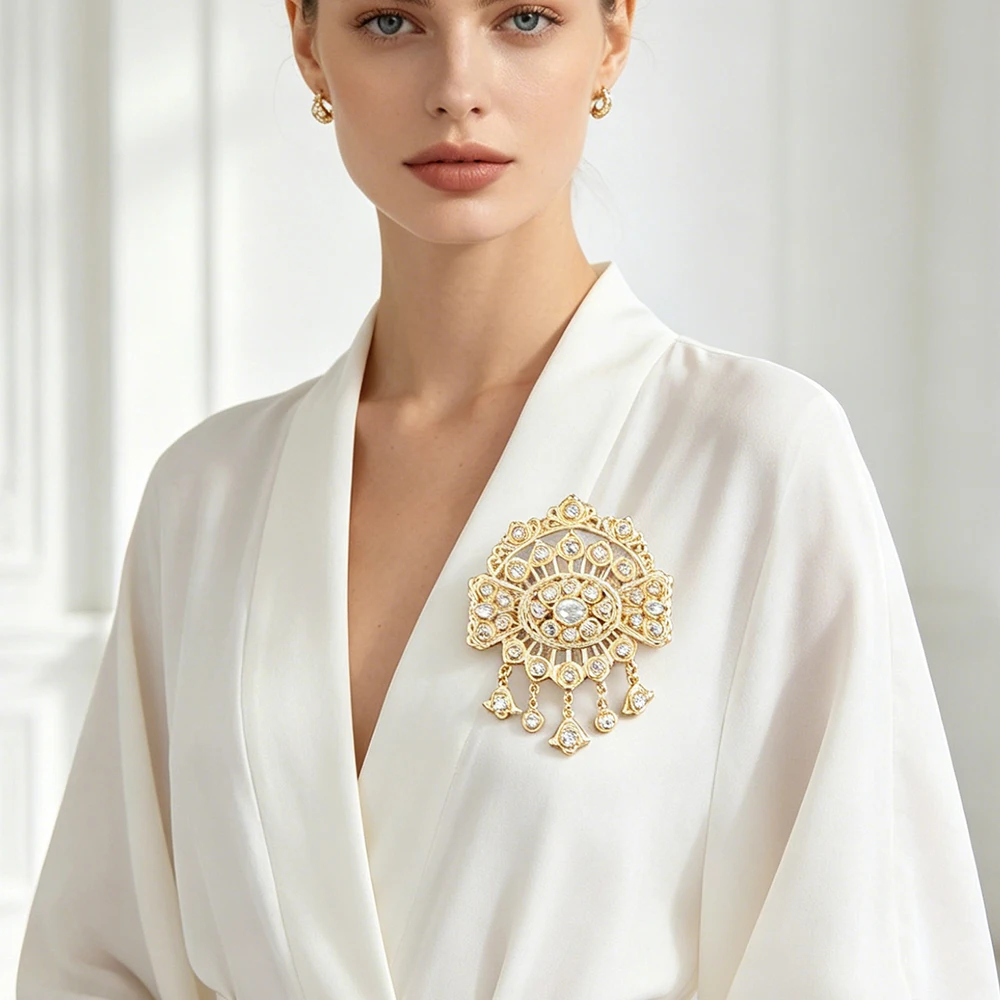 Arabic Women Ethnic Moroccan Caftan Brooch Gold Color Filigree Crystal Dangle Tassel Lapel Pin bridal tassel brooch