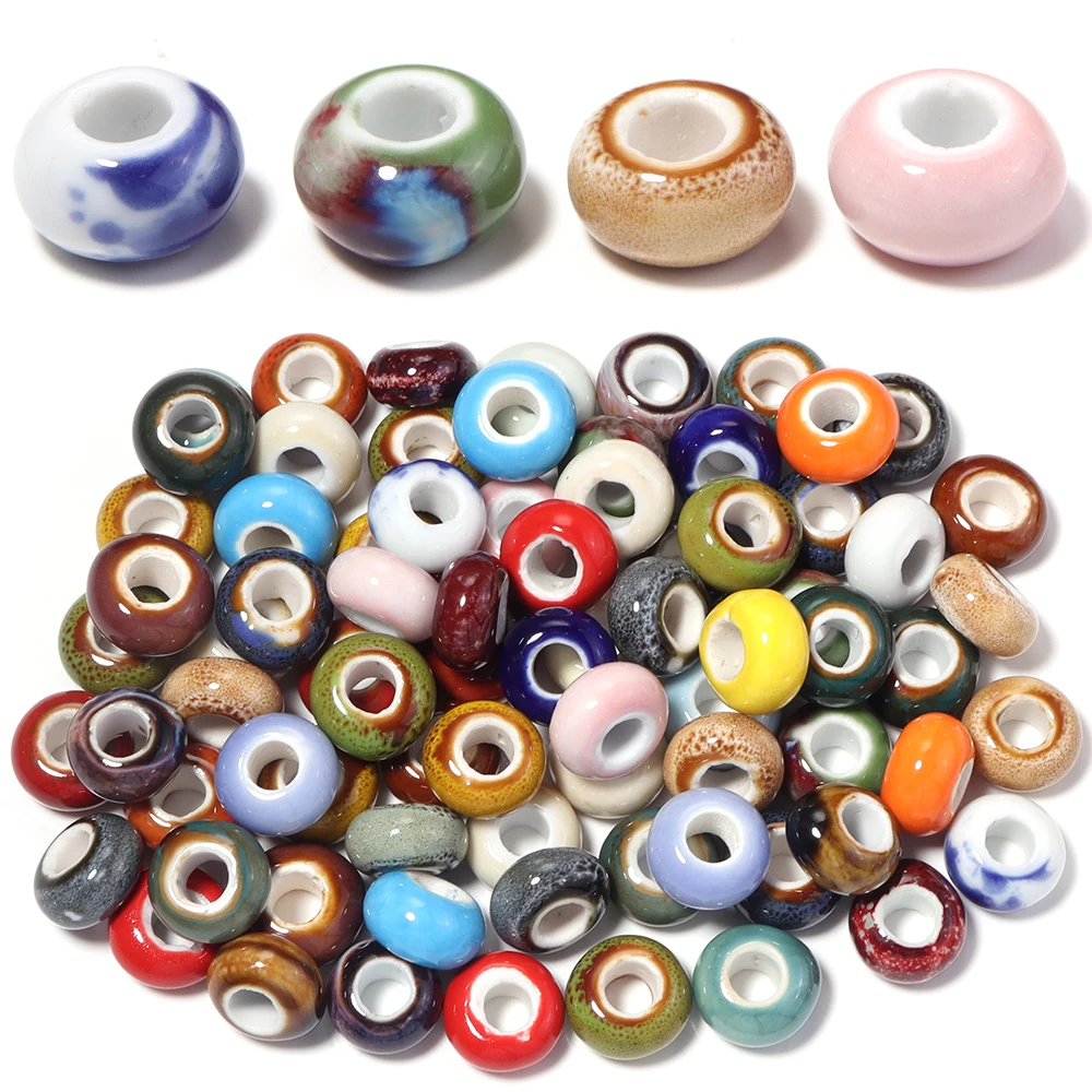 10Pcs 9x15mm Coloful Ceramic Beads Big Hole Diy Handmade Spacer Loose Round Porcelain Beads for Jewelry Making Accessories