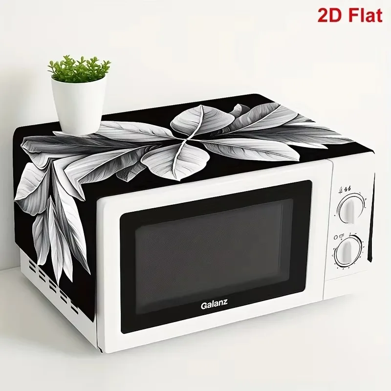 Microwave Oven Cover Black White Leaf Print Decorative Runner Dustproof Protector Cloth Kitchen Decor Household Decoration