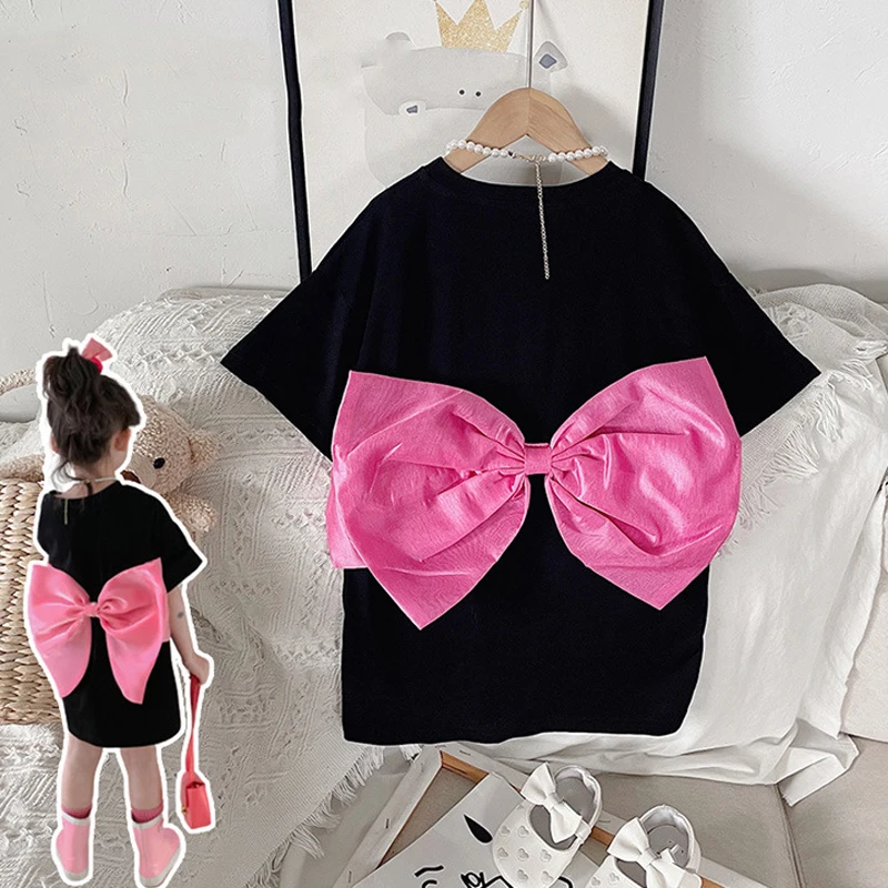 Summer Parent-Child Dress Girls Dress Big Bow Short-Sleeved Dress Casual Long T-Shirt Dress Children Clothes Mother No Necklace