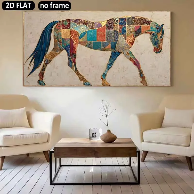 2D Flat, 2D Flat, Large Unframed Canvas Featuring a Colorful Horse Design, Measuring 23.6 by 47.2 Inches Or 60 by 120 Centimeter