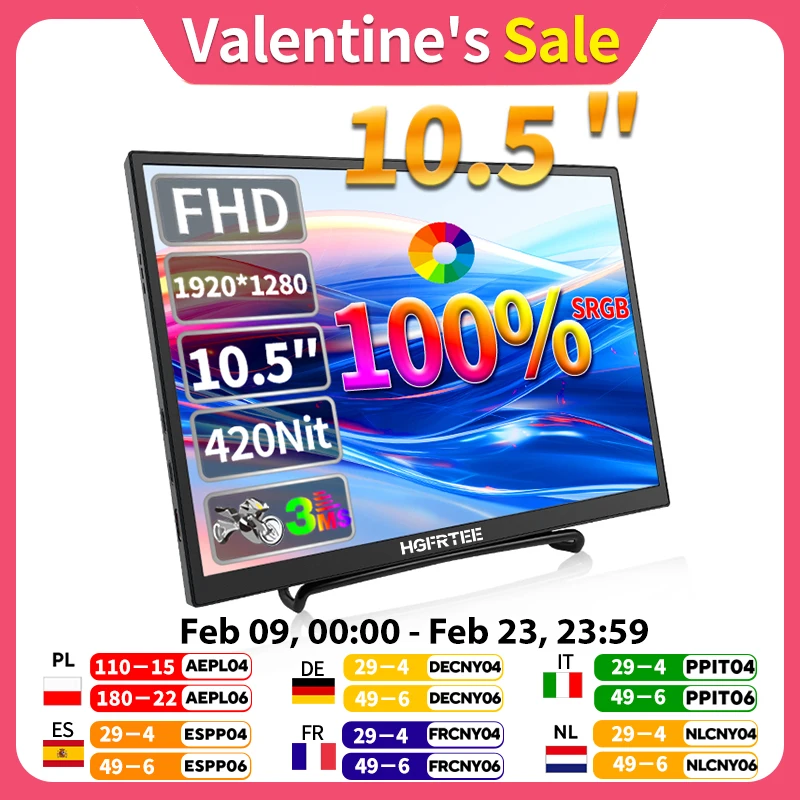 

HGFRTEE 10.5 inch Portable Monitor 420Cd/m ² FHD 1280P 100% SRGB Laptop Second Screen For Mac Xbox PS4/5 Switch