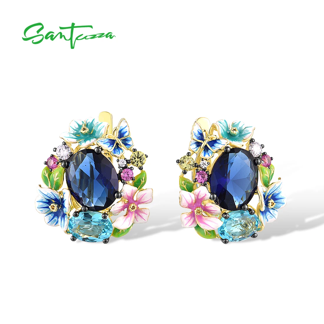 

SANTUZZA Real 925 Sterling Silver Earrings For Women Colorful Enamel Flower Blue Stone Enamel Elegant Wedding Party Fine Jewelry